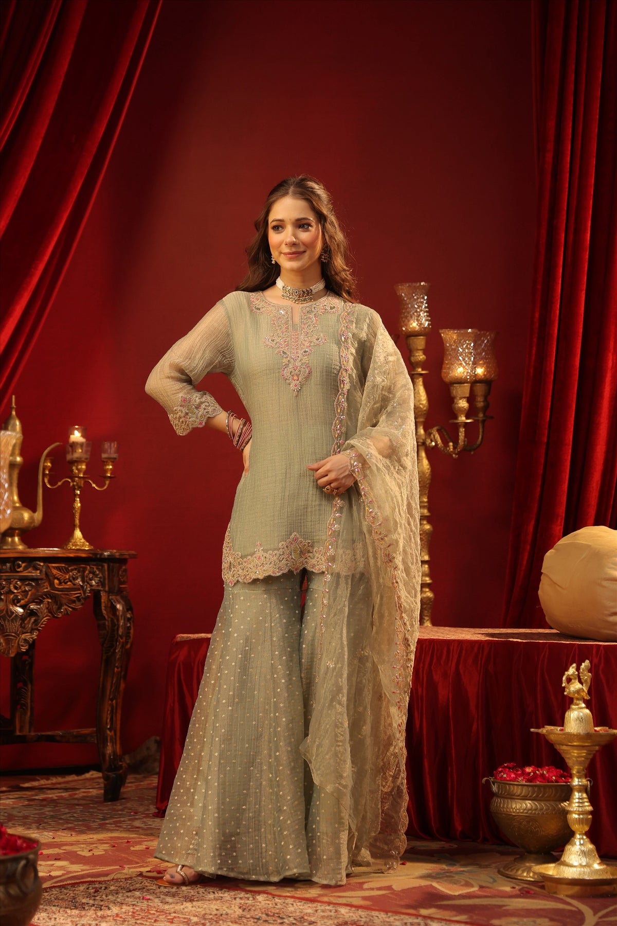Women's Elegant Pista Green Embroidered Kurta Sharara Set with Dupatta
