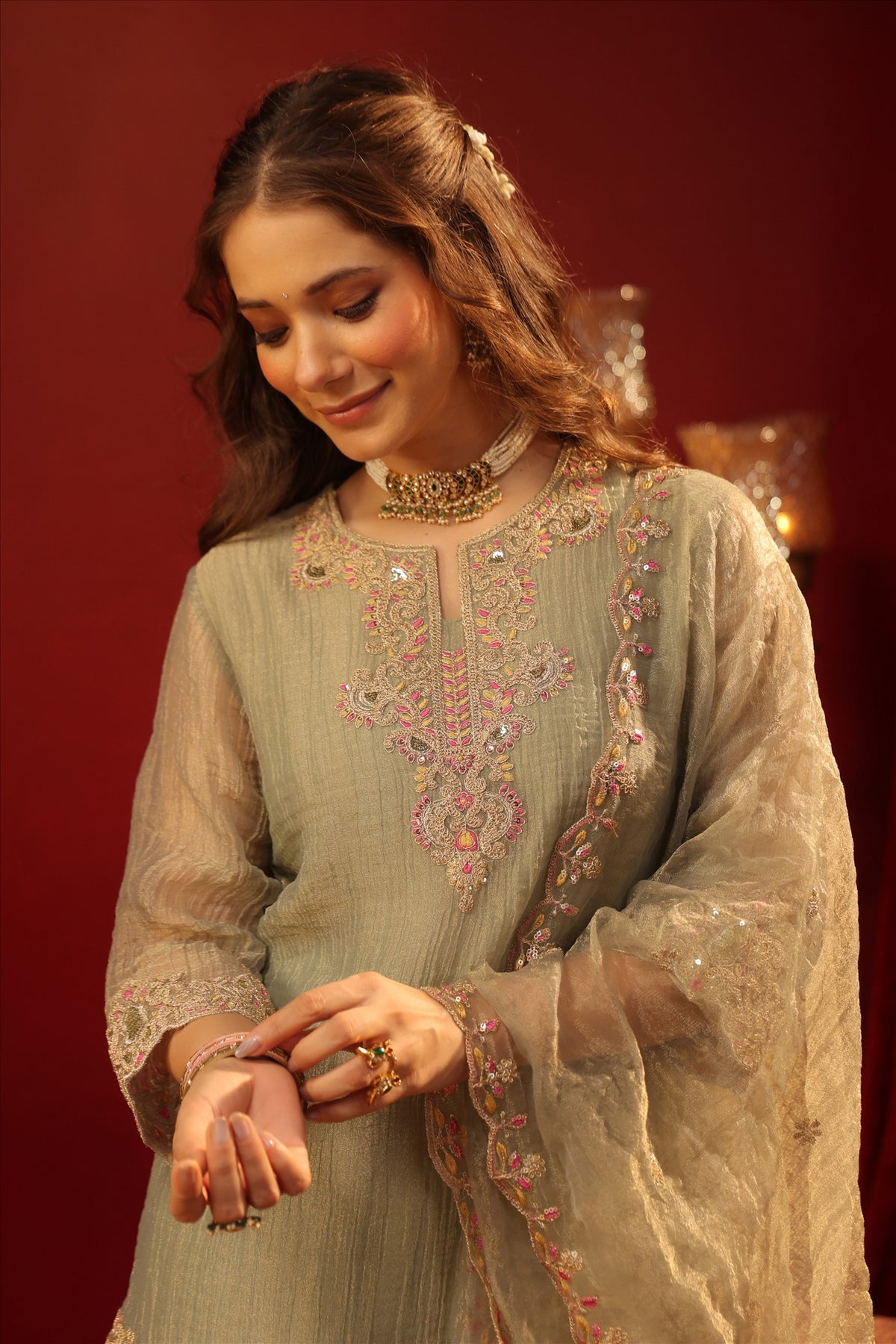 Women's Elegant Pista Green Embroidered Kurta Sharara Set with Dupatta