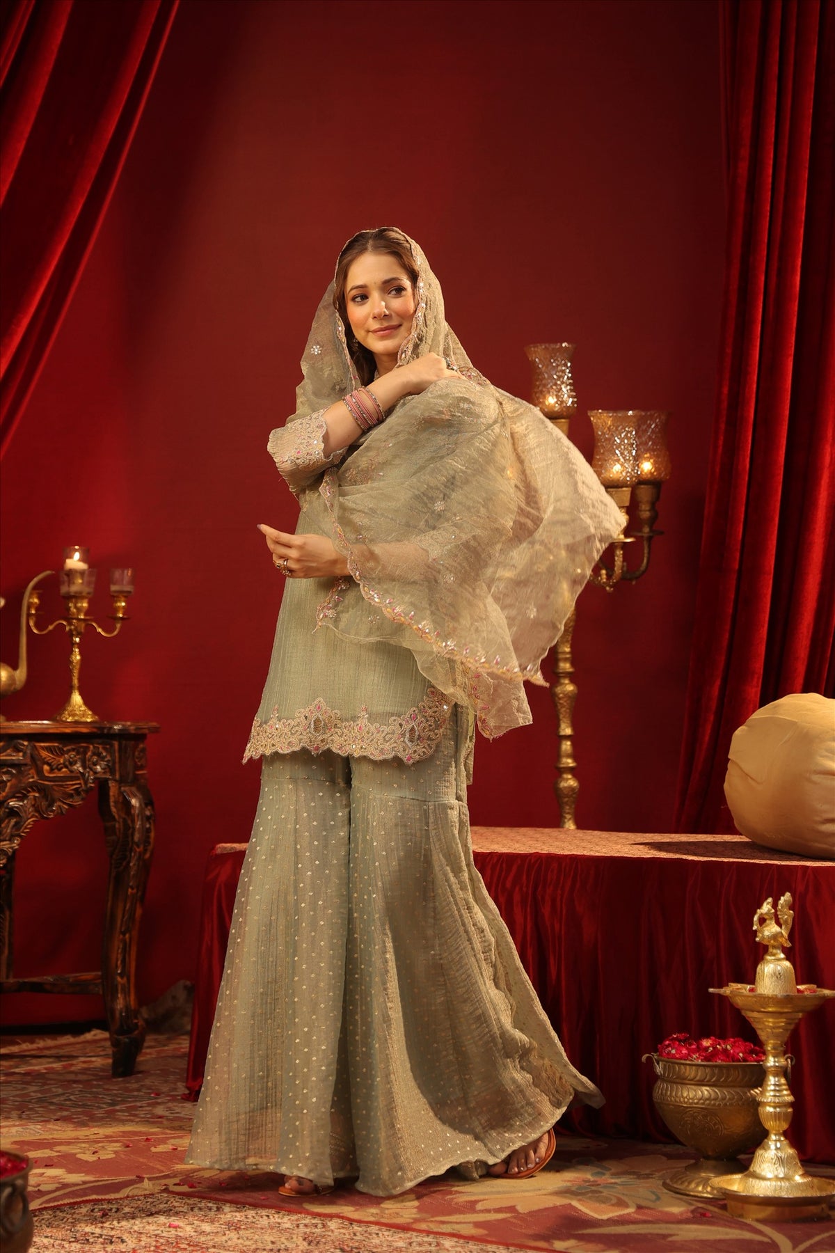 Women's Elegant Pista Green Embroidered Kurta Sharara Set with Dupatta