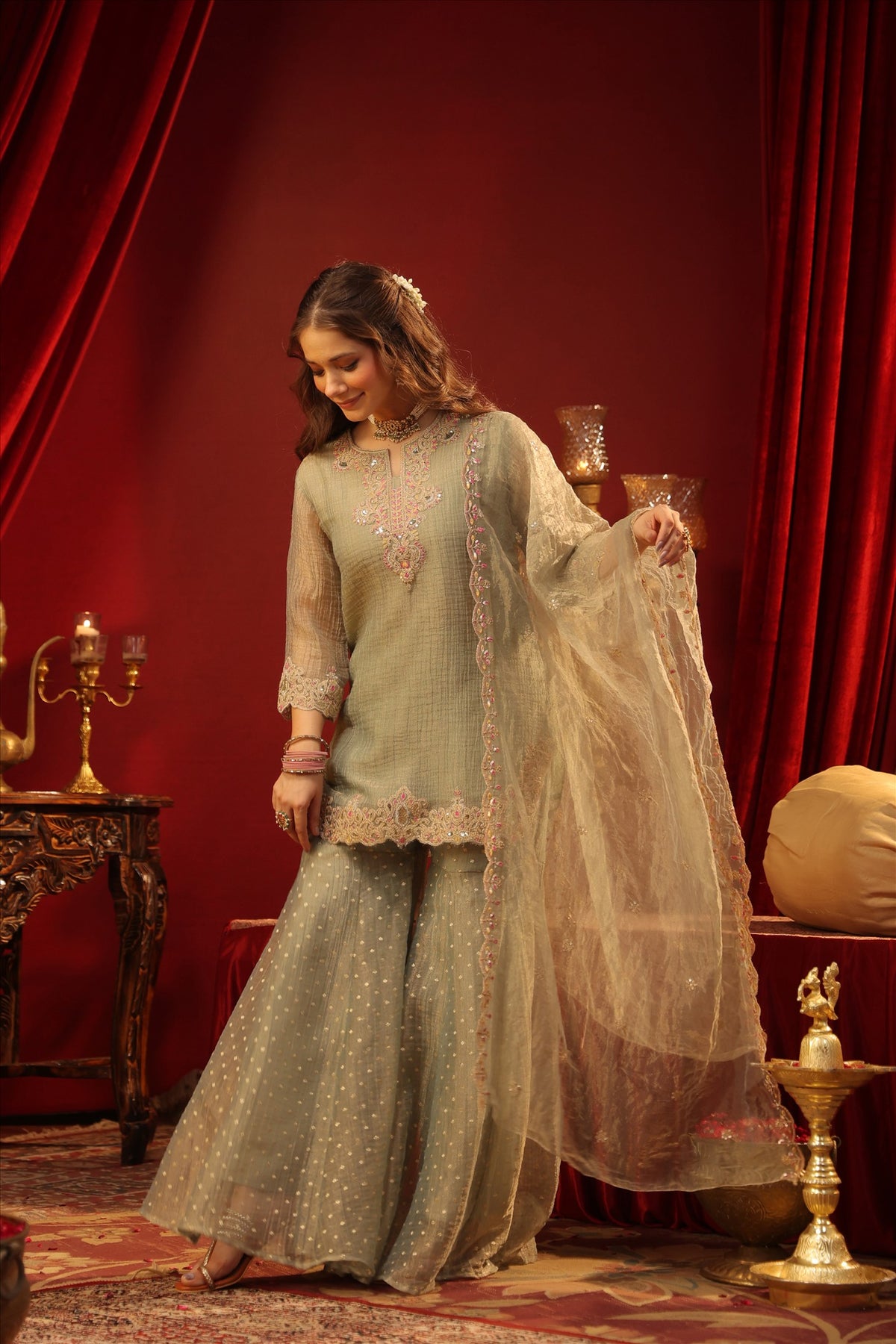 Women's Elegant Pista Green Embroidered Kurta Sharara Set with Dupatta