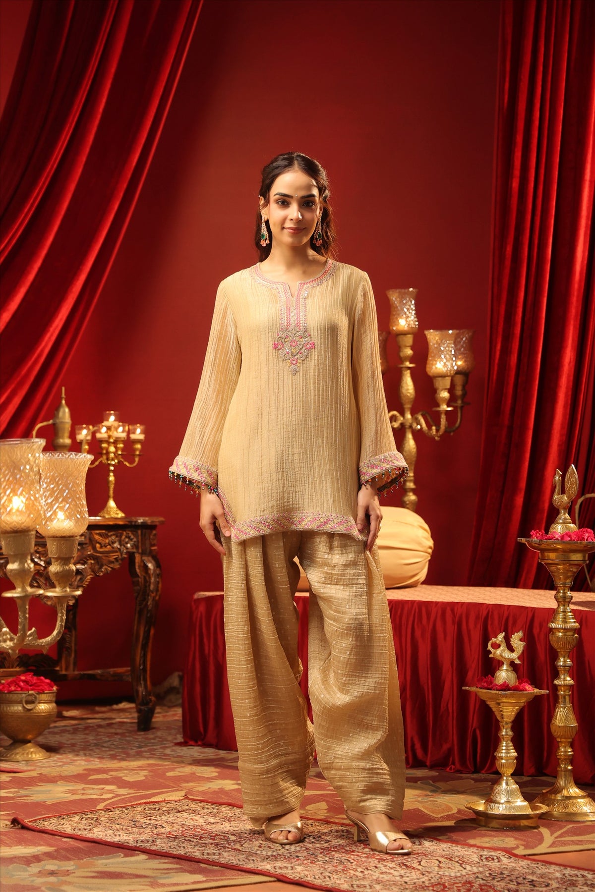 Women's Elegant Ivory Embroidered Short Kurta with Wide-Leg Palazzo Pants Set