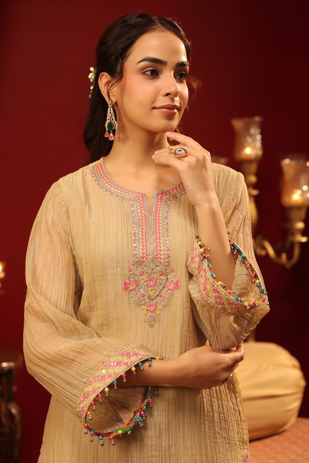 Women's Elegant Ivory Embroidered Short Kurta with Wide-Leg Palazzo Pants Set