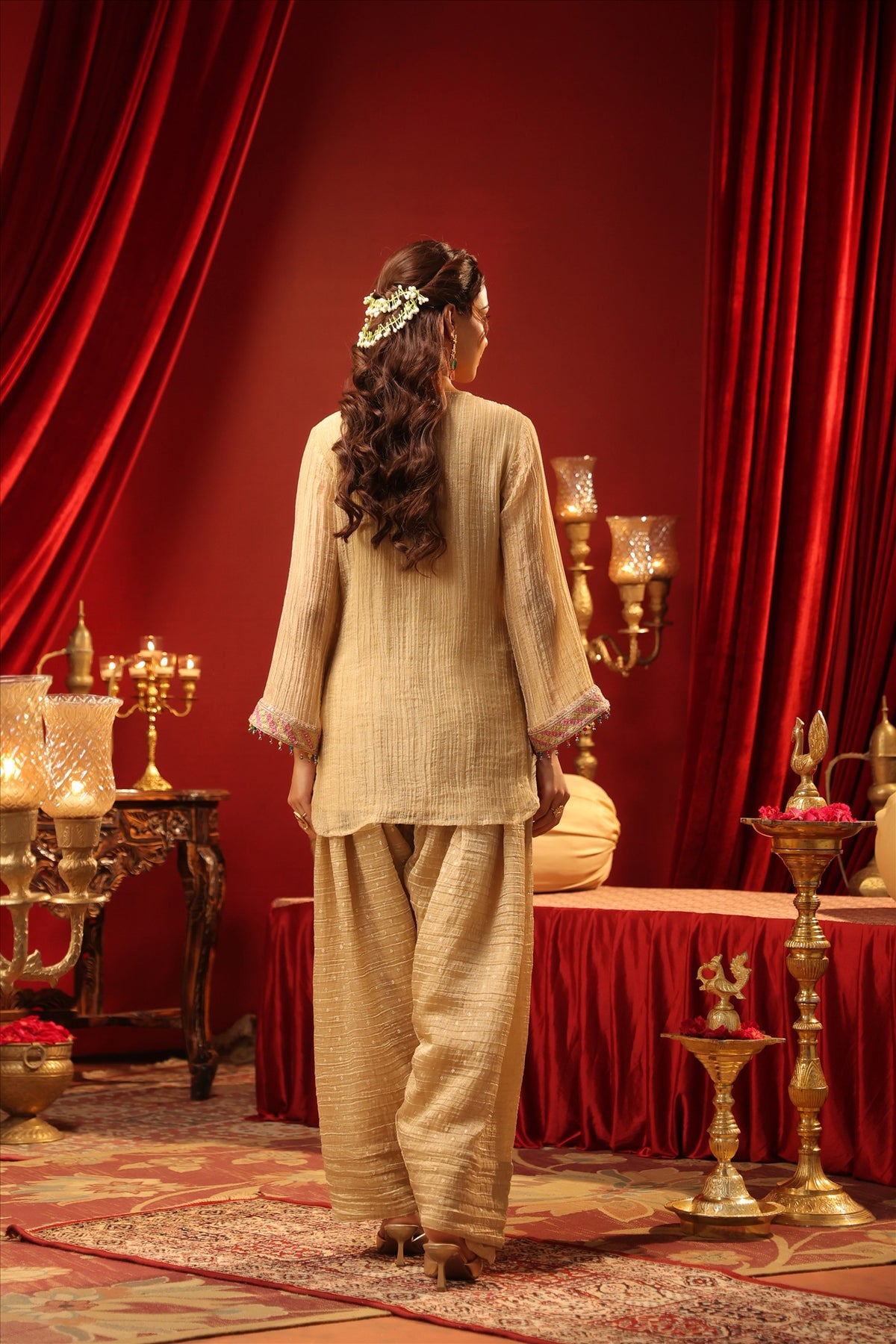 Women's Elegant Ivory Embroidered Short Kurta with Wide-Leg Palazzo Pants Set