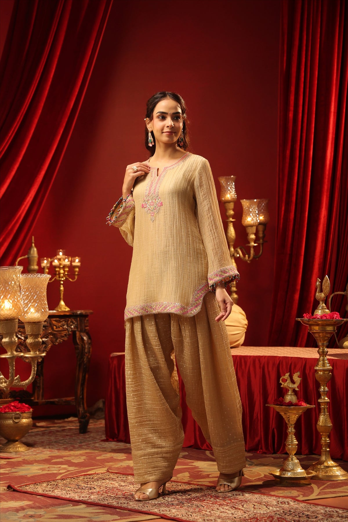 Women's Elegant Ivory Embroidered Short Kurta with Wide-Leg Palazzo Pants Set