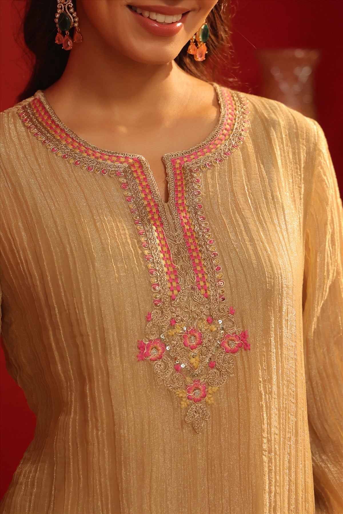 Women's Elegant Ivory Embroidered Short Kurta with Wide-Leg Palazzo Pants Set