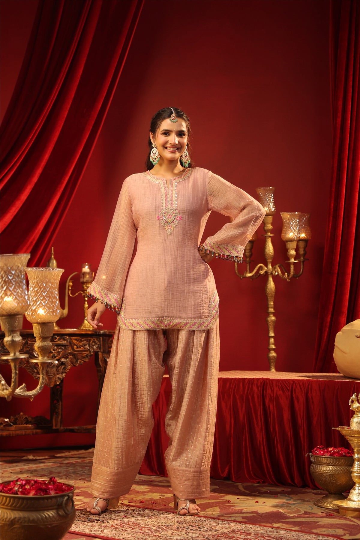 Women's Elegant Blush Pink Embroidered Short Kurta with Wide-Leg Palazzo Pants Set
