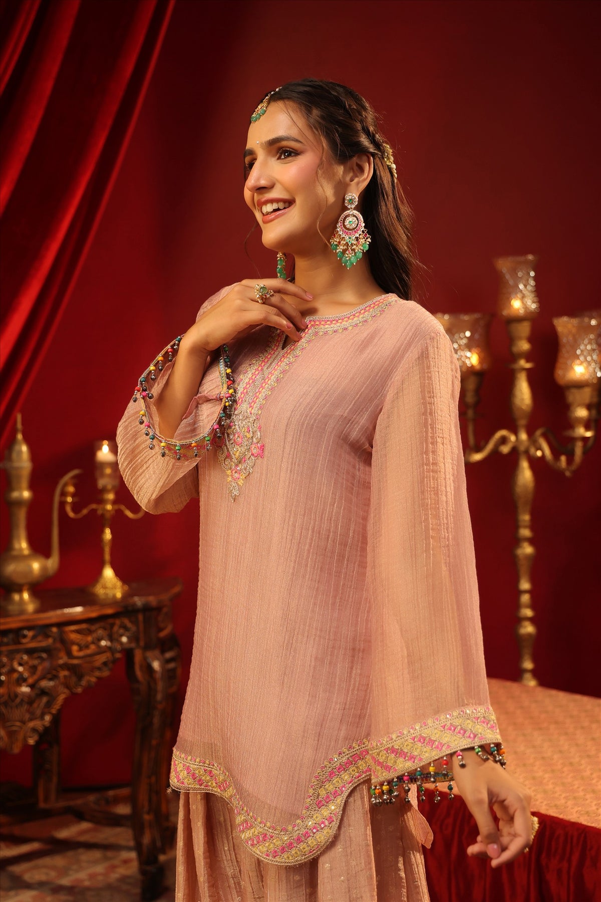 Women's Elegant Blush Pink Embroidered Short Kurta with Wide-Leg Palazzo Pants Set