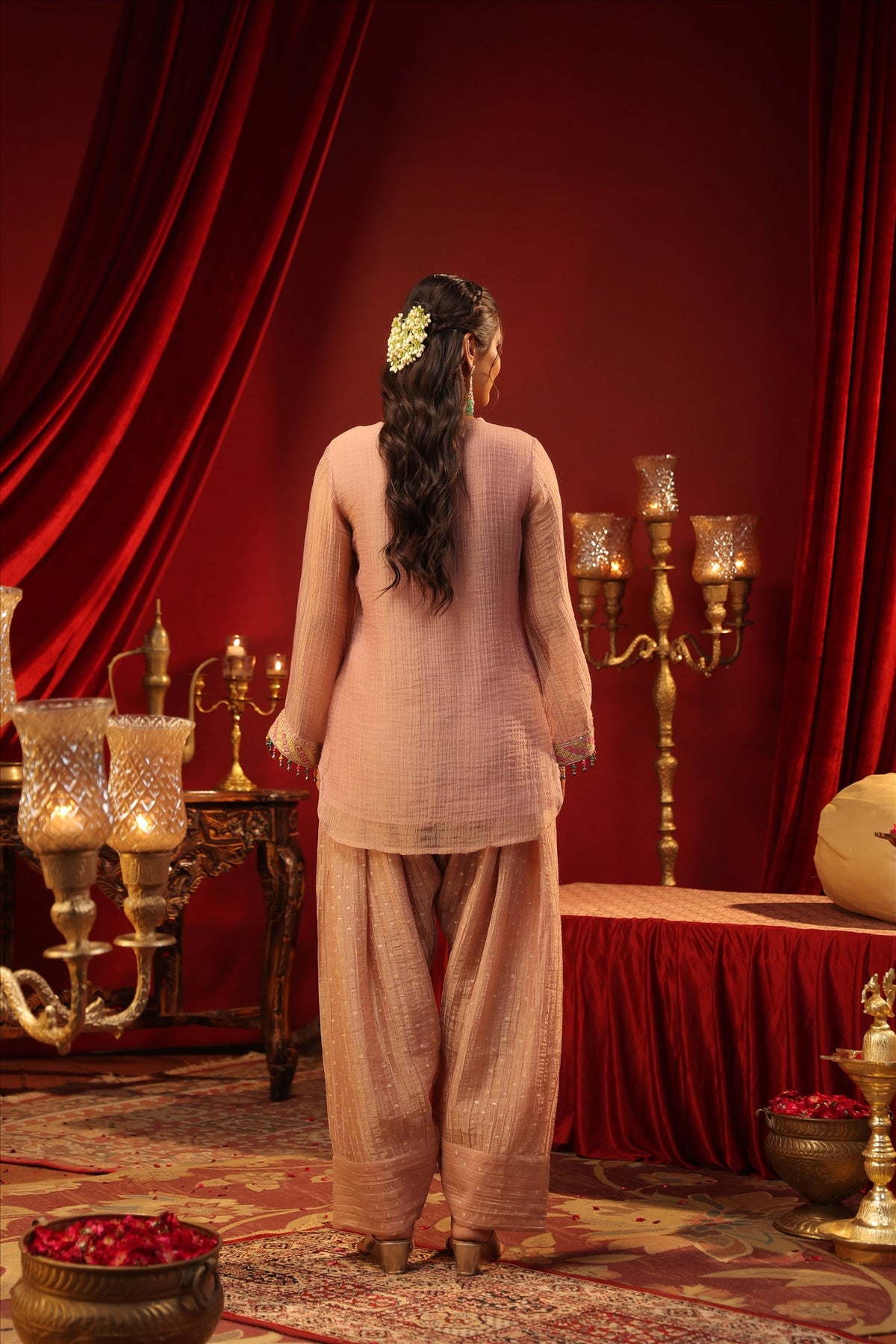 Women's Elegant Blush Pink Embroidered Short Kurta with Wide-Leg Palazzo Pants Set