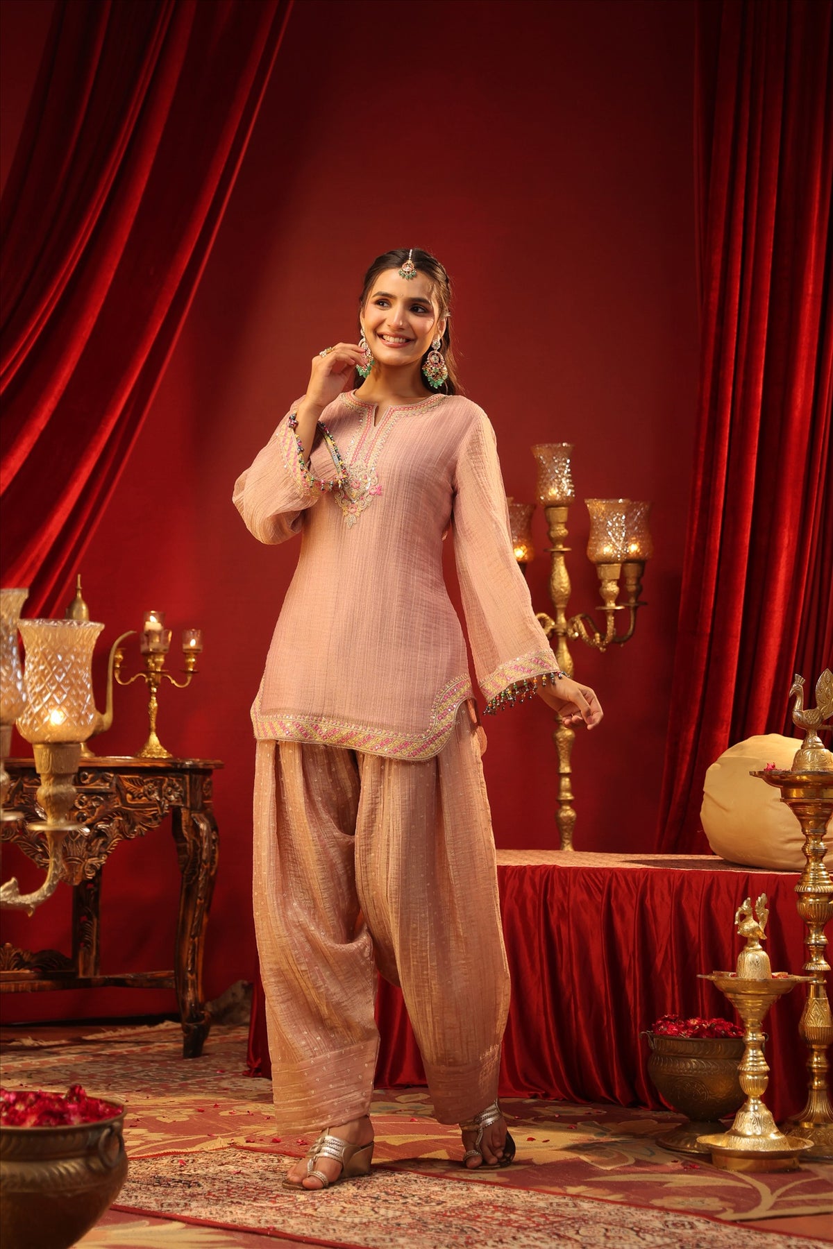 Women's Elegant Blush Pink Embroidered Short Kurta with Wide-Leg Palazzo Pants Set