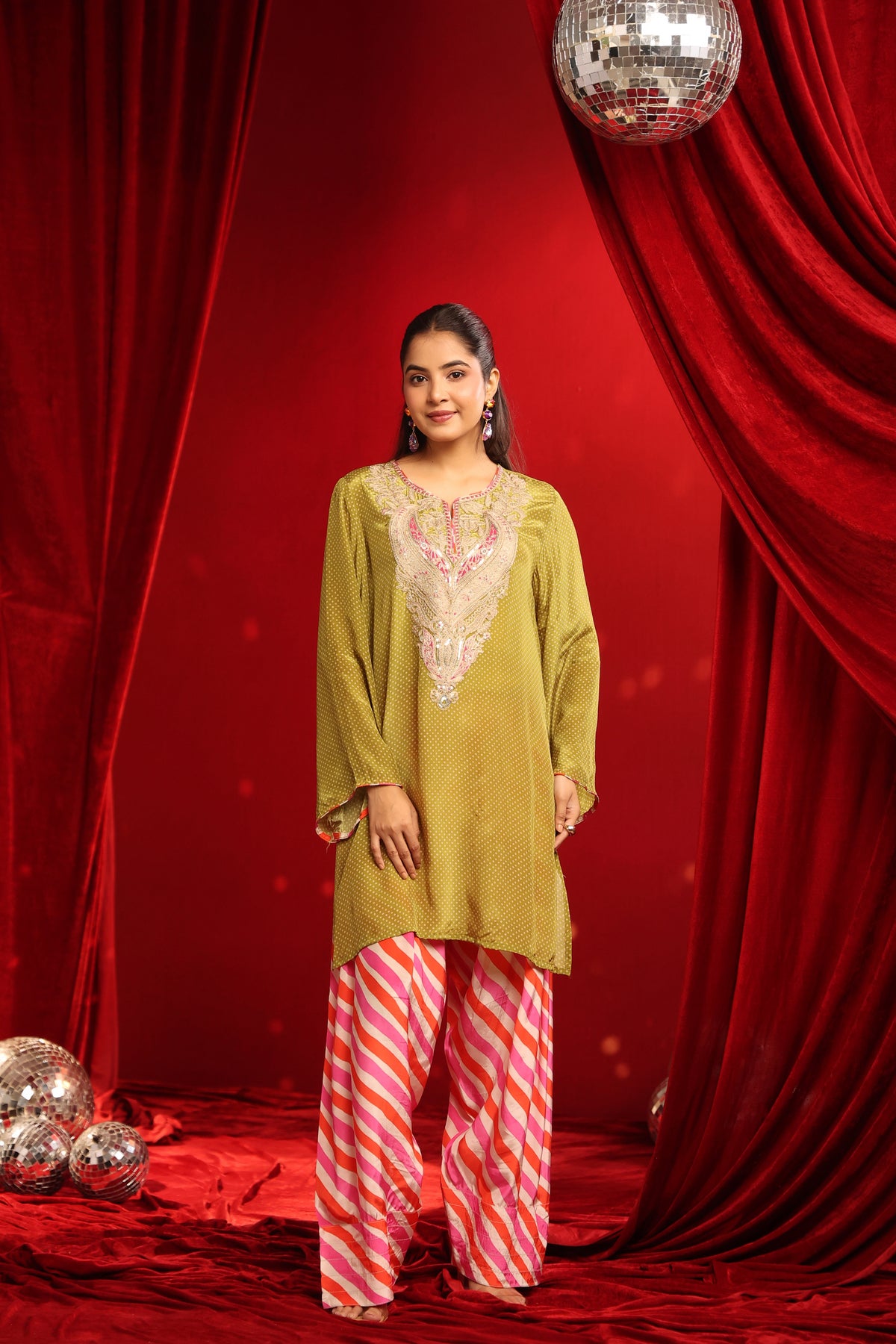 Lime Green Crepe Embroidered Kurta with Fuchsia Farshi Salwar Set
