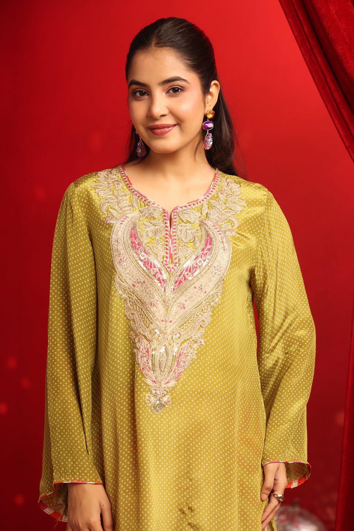 Lime Green Crepe Embroidered Kurta with Fuchsia Farshi Salwar Set