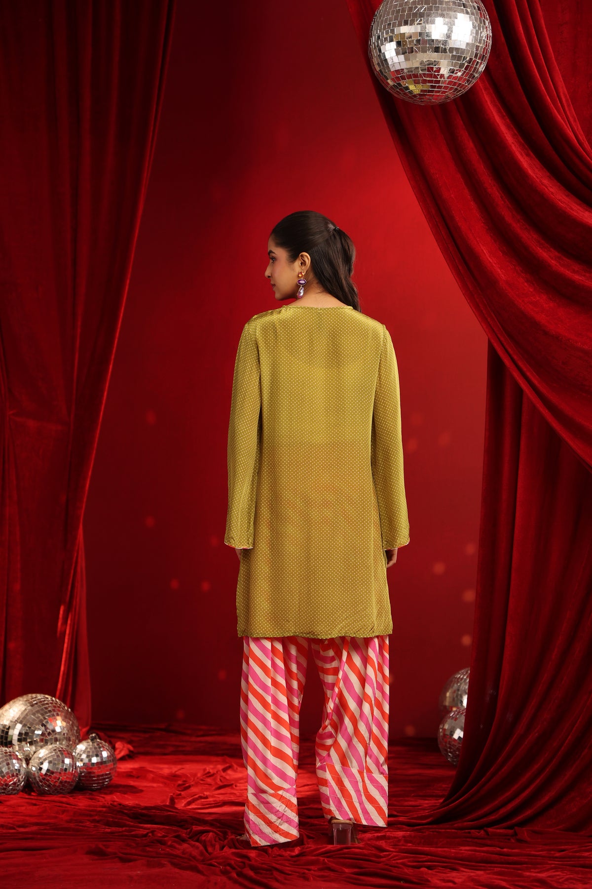 Lime Green Crepe Embroidered Kurta with Fuchsia Farshi Salwar Set