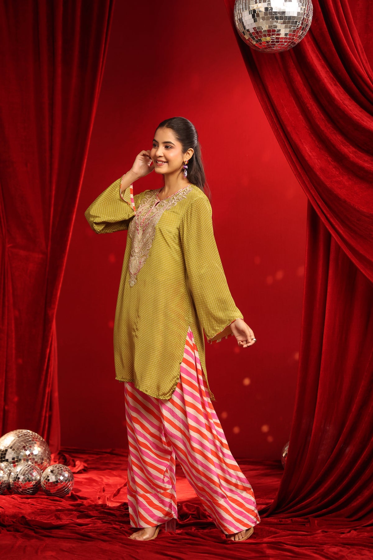 Lime Green Crepe Embroidered Kurta with Fuchsia Farshi Salwar Set