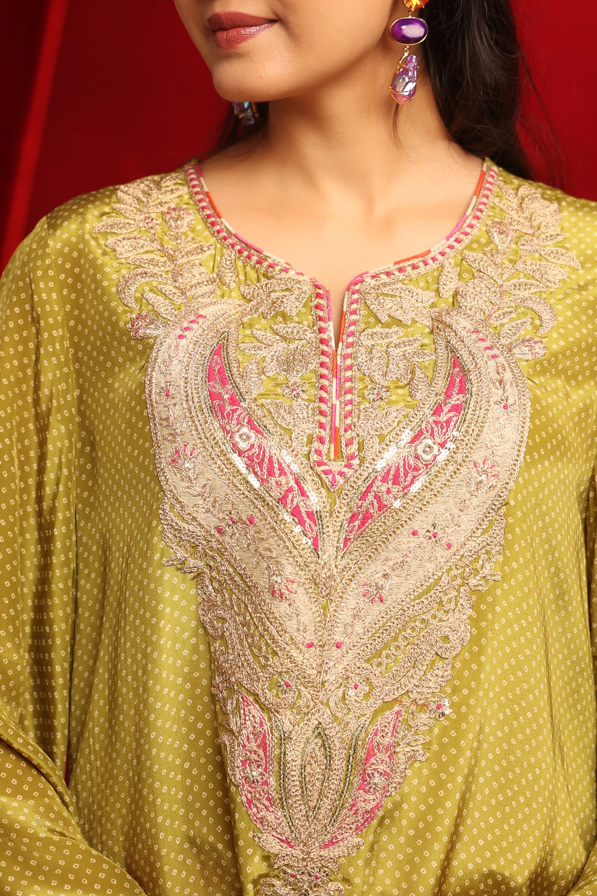 Lime Green Crepe Embroidered Kurta with Fuchsia Farshi Salwar Set