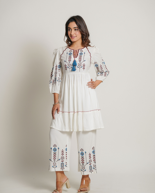 Cotton White Co-Ord Set With Elegant Embroidery