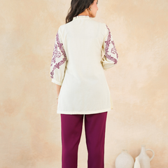 Elegant Off-White & Maroon Embroidered Rayon Co-ord Set
