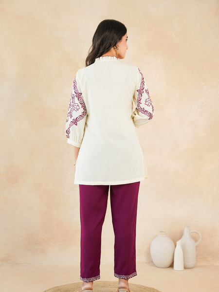Elegant Off-White & Maroon Embroidered Rayon Co-ord Set