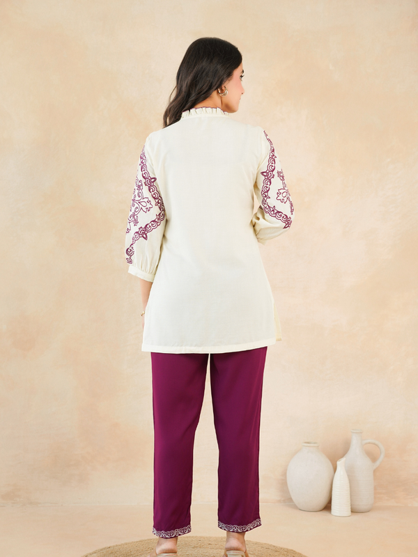 Elegant Off-White & Maroon Embroidered Rayon Co-ord Set