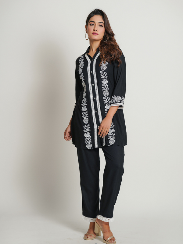 Rayon black Co-Ord Set With Beautiful Embroidery