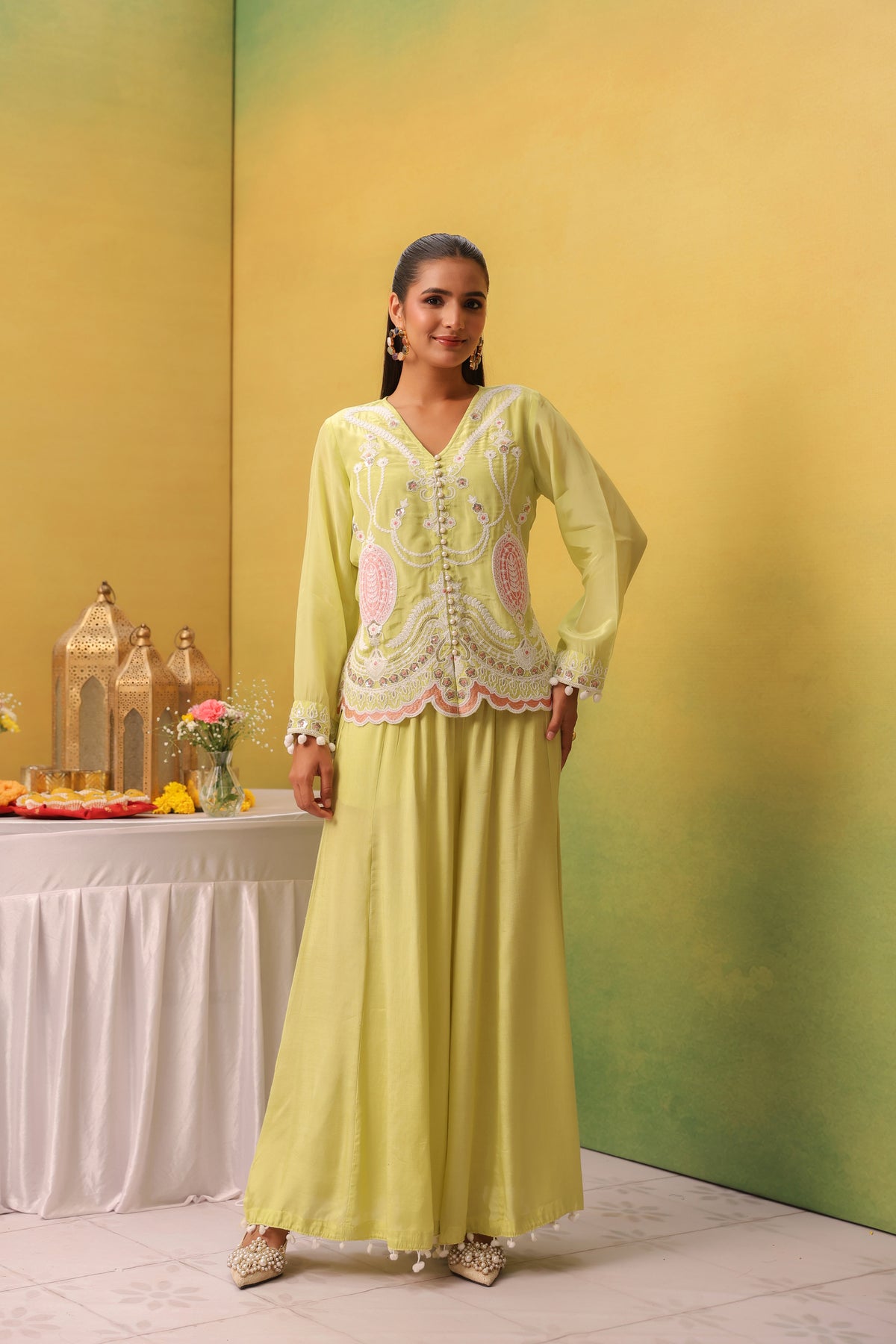 Lime Green Crepe Embroidered Top with Shantoon Palazzo Set