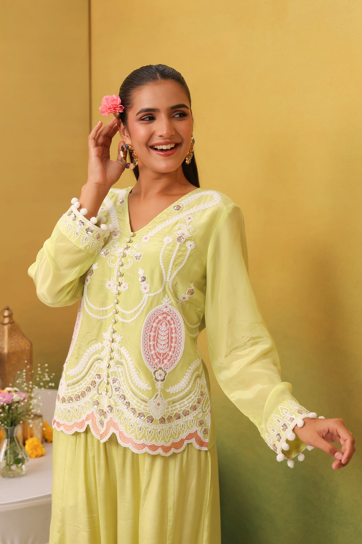 Lime Green Crepe Embroidered Top with Shantoon Palazzo Set