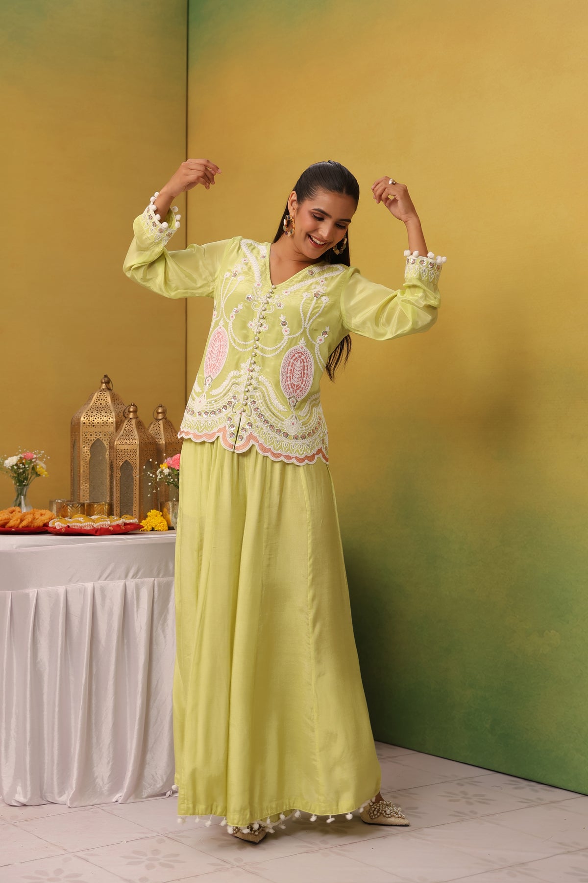 Lime Green Crepe Embroidered Top with Shantoon Palazzo Set