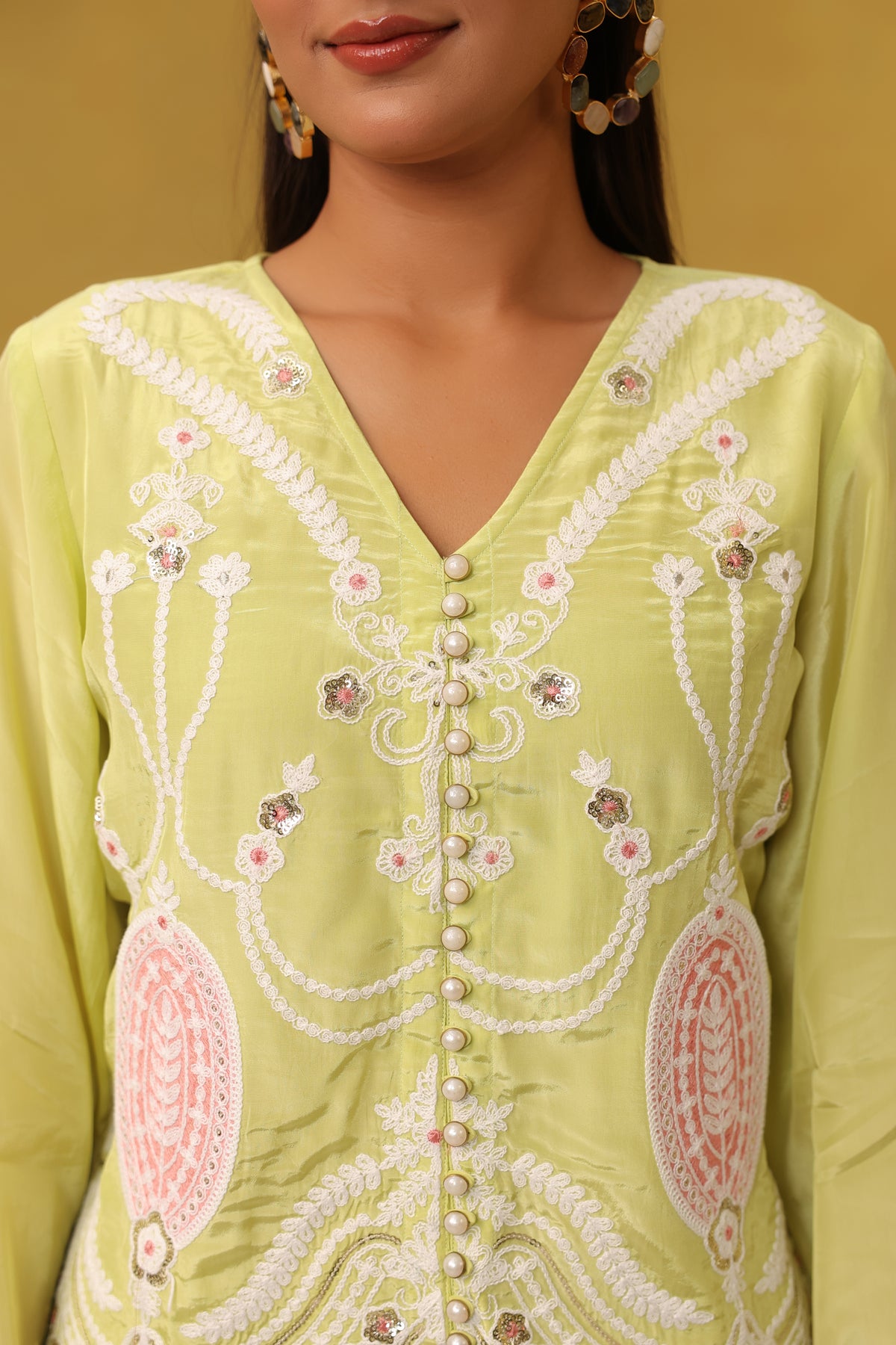 Lime Green Crepe Embroidered Top with Shantoon Palazzo Set