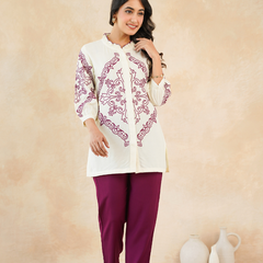 Elegant Off-White & Maroon Embroidered Rayon Co-ord Set