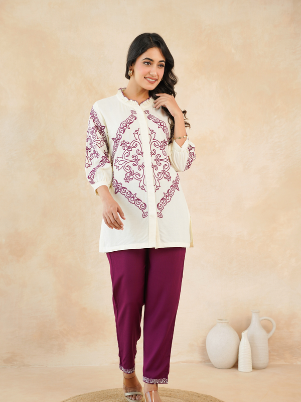 Elegant Off-White & Maroon Embroidered Rayon Co-ord Set