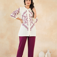 Elegant Off-White & Maroon Embroidered Rayon Co-ord Set
