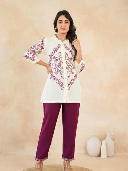 Elegant Off-White & Maroon Embroidered Rayon Co-ord Set
