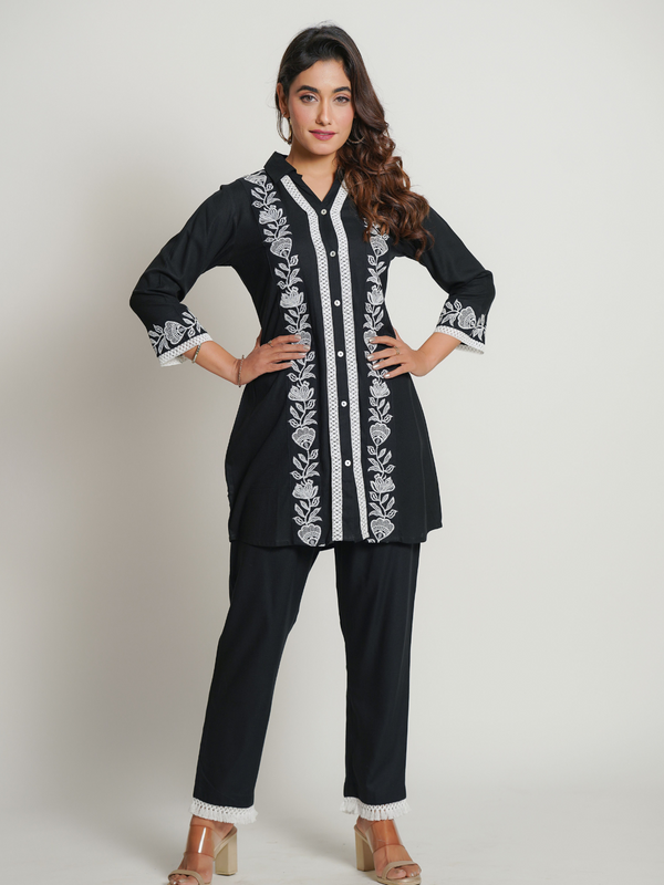 Rayon black Co-Ord Set With Beautiful Embroidery