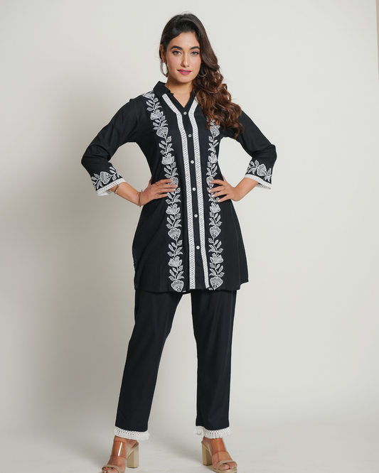 Rayon Dark Blue Co-Ord Set With Beautiful Embroidery