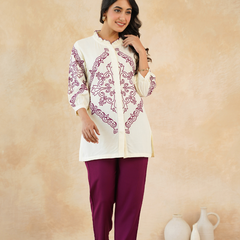 Elegant Off-White & Maroon Embroidered Rayon Co-ord Set