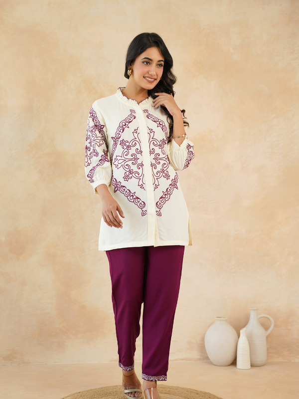 Elegant Off-White & Maroon Embroidered Rayon Co-ord Set