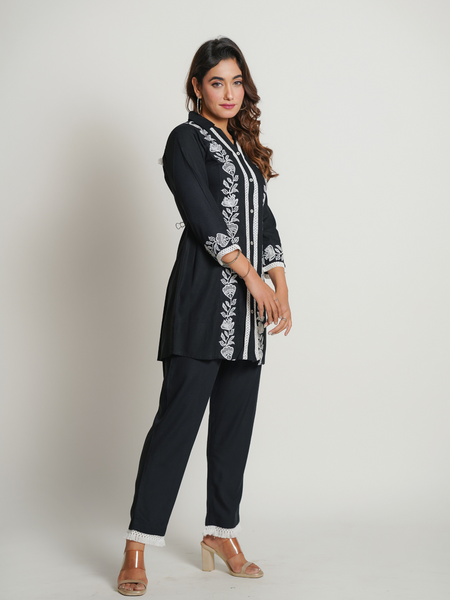 Rayon black Co-Ord Set With Beautiful Embroidery