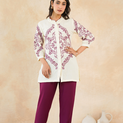 Elegant Off-White & Maroon Embroidered Rayon Co-ord Set