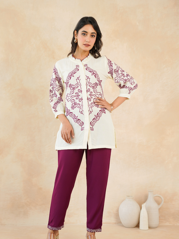 Elegant Off-White & Maroon Embroidered Rayon Co-ord Set