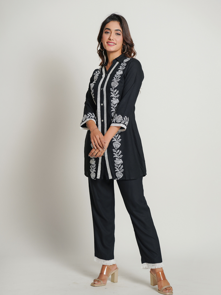 Rayon black Co-Ord Set With Beautiful Embroidery