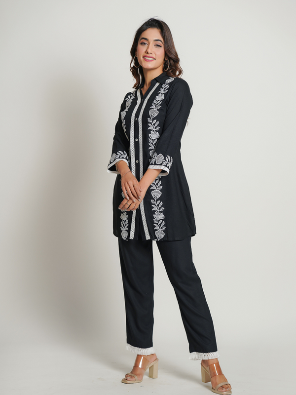 Rayon black Co-Ord Set With Beautiful Embroidery