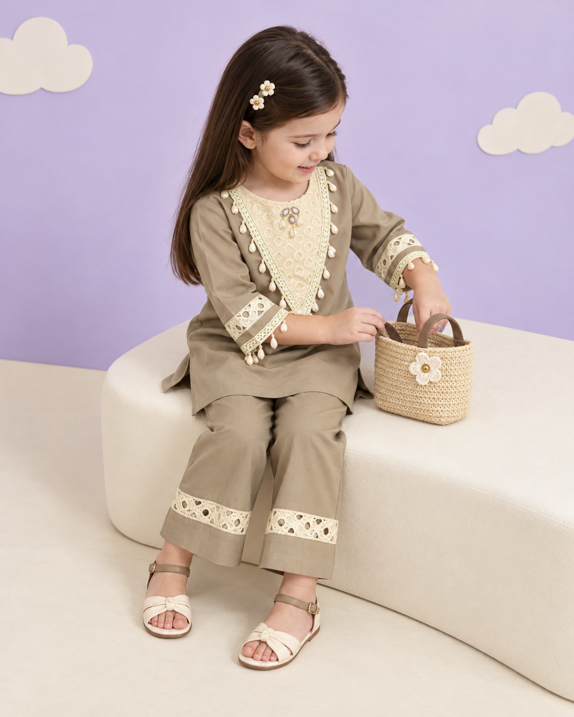 Girls Beige Embroidered Kurta Palazzo Set with Lace Detailing and Tassel Accents