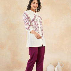 Elegant Off-White & Maroon Embroidered Rayon Co-ord Set