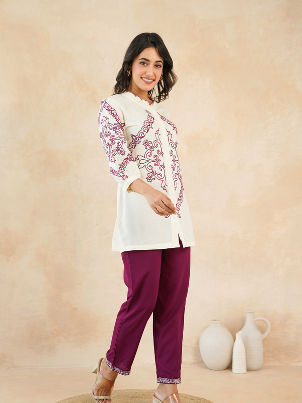 Elegant Off-White & Maroon Embroidered Rayon Co-ord Set