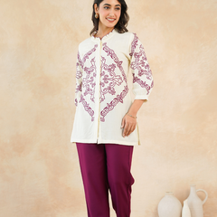 Elegant Off-White & Maroon Embroidered Rayon Co-ord Set