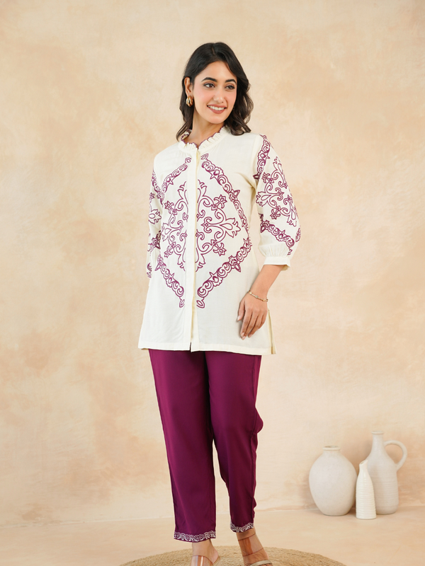 Elegant Off-White & Maroon Embroidered Rayon Co-ord Set