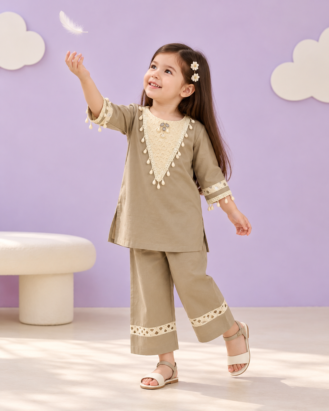 Girls Beige Embroidered Kurta Palazzo Set with Lace Detailing and Tassel Accents