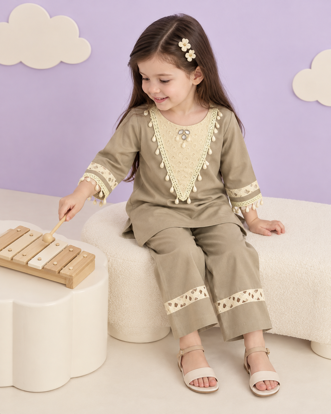 Girls Beige Embroidered Kurta Palazzo Set with Lace Detailing and Tassel Accents