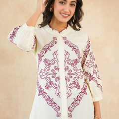 Elegant Off-White & Maroon Embroidered Rayon Co-ord Set
