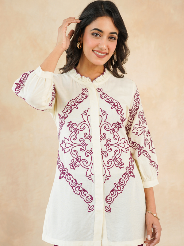 Elegant Off-White & Maroon Embroidered Rayon Co-ord Set