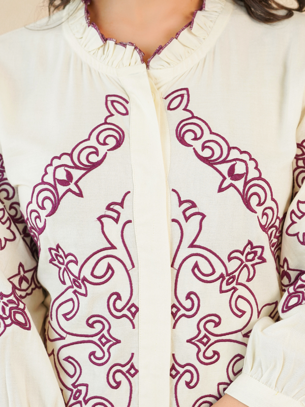 Elegant Off-White & Maroon Embroidered Rayon Co-ord Set